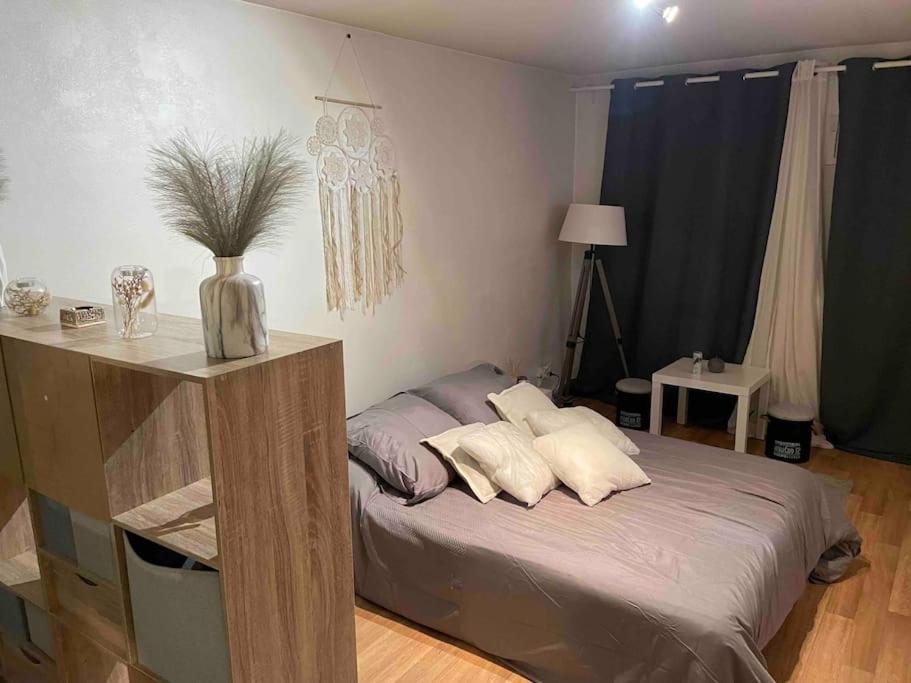 昂吉安班斯Studio Lac d'Enghien的一间卧室配有带枕头的床