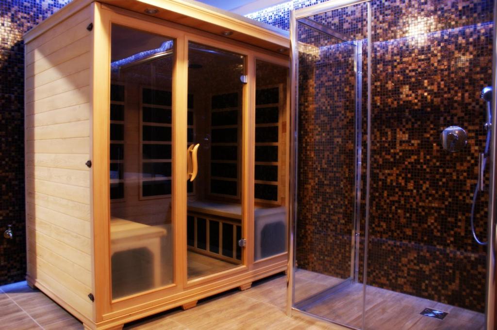 杜什尼基-兹德鲁伊阿尔佩斯基齐耶伦涅茨旅馆的浴室里设有玻璃门淋浴
