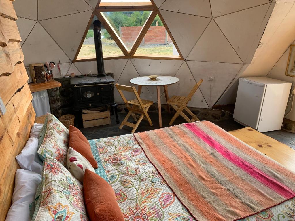 特来凡林Nomade Patagonia Glamping & Domos的一间卧室配有一张床和炉灶。