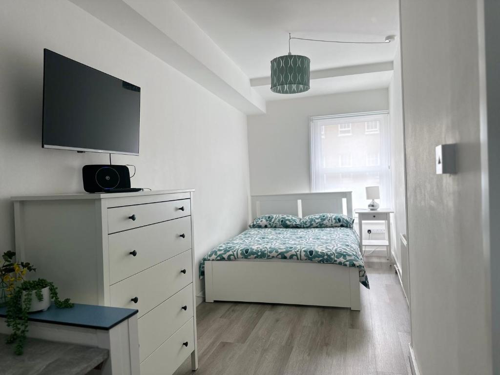 巴尔内特High Barnet Studio Flat的一间卧室配有一张床和一个带电视的梳妆台。