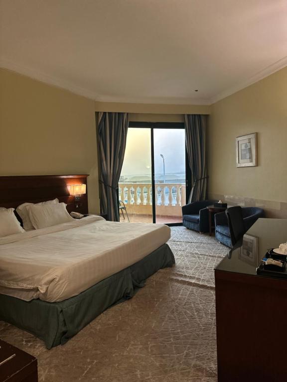 Ḩumrفندق حدائق فرسان الفندقية的酒店客房设有一张床和一个大窗户