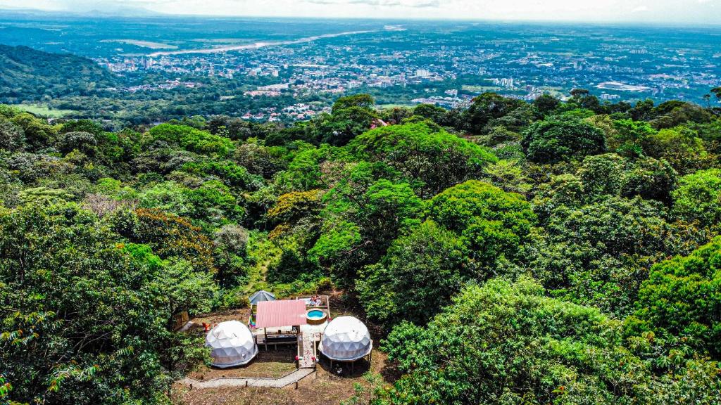 比亚维森西奥Itawa Family Glamping & Ecoparque turístico的享有带圆顶的森林的空中景色