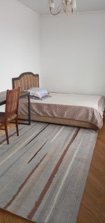 比什凯克Уютная вилла в центре Бишкека的一间卧室配有一张床、一把椅子和地毯