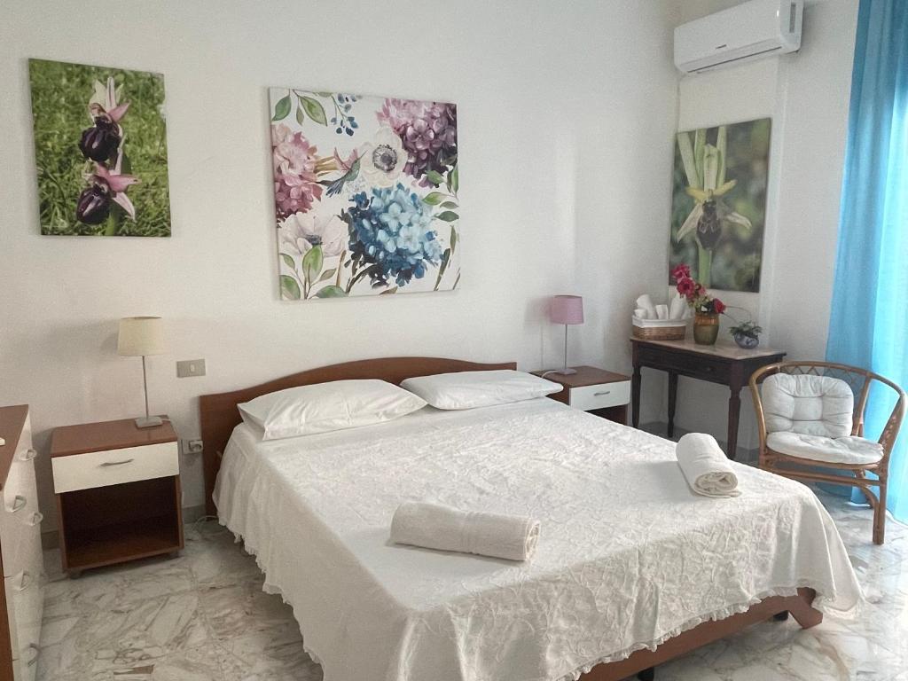马蒂纳塔Orchidea Mattinata parco del Gargano的一间卧室配有一张床、一张书桌和绘画作品