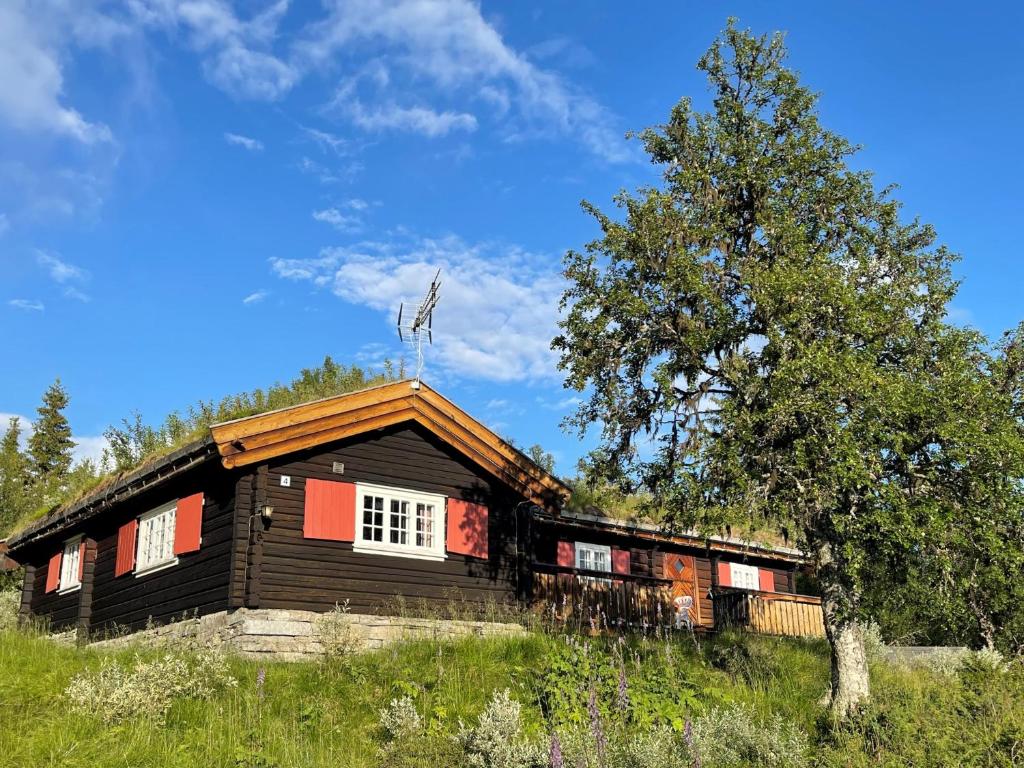 LundeElveseter - log cabin with an amazing view的小木屋,拥有树木和蓝色的天空
