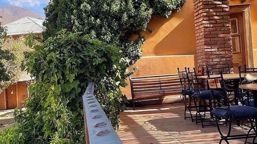 维库尼亚Glamping Miraflores的庭院配有桌椅和植物