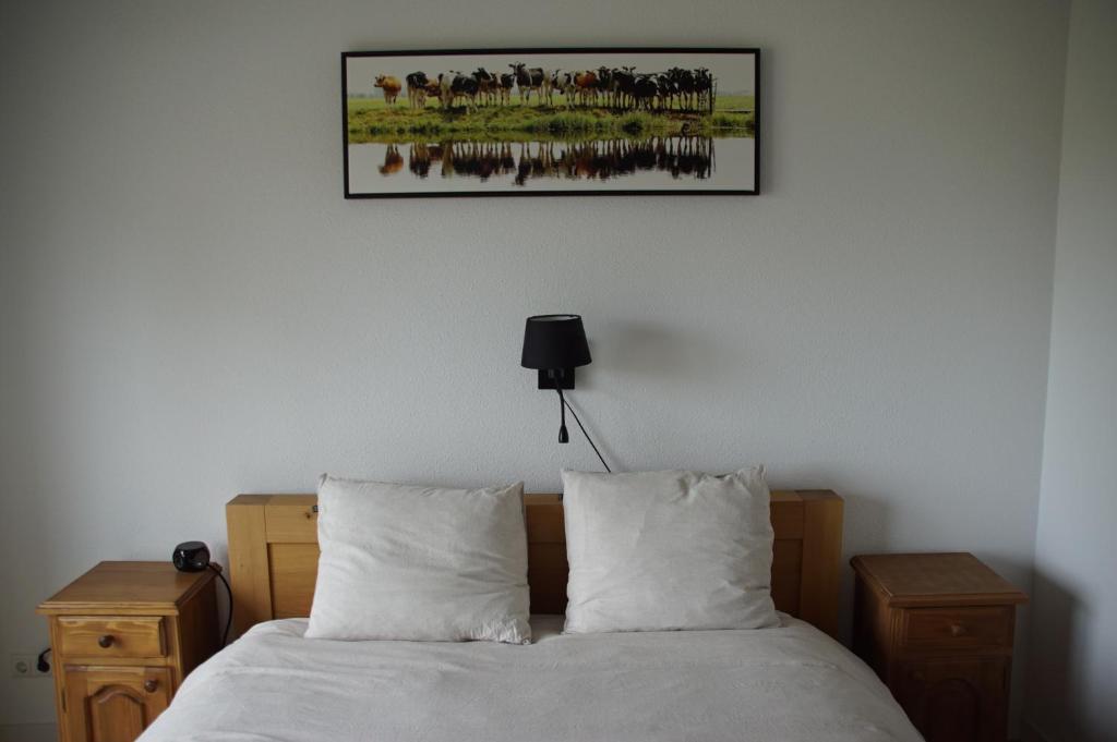 Oud-AlblasVertoeven bij Verhoeven的一张带两个枕头的床和一张墙上的照片