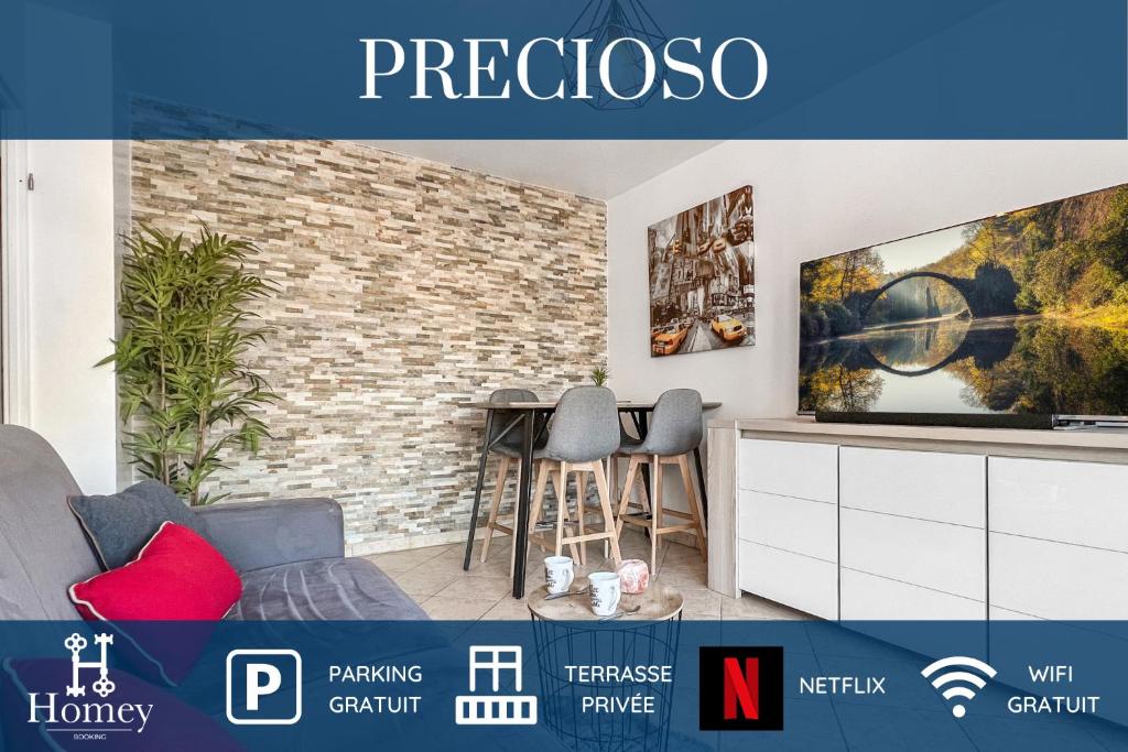 韦特拉蒙图HOMEY PRECIOSO - Terrasse privée - Wifi et Netflix的一间带电视和砖墙的客厅