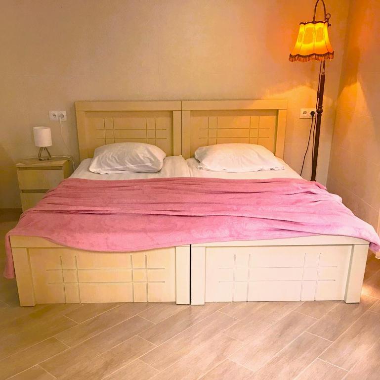 库塔伊西Apartment 19的一间卧室配有一张带粉色毯子的大床