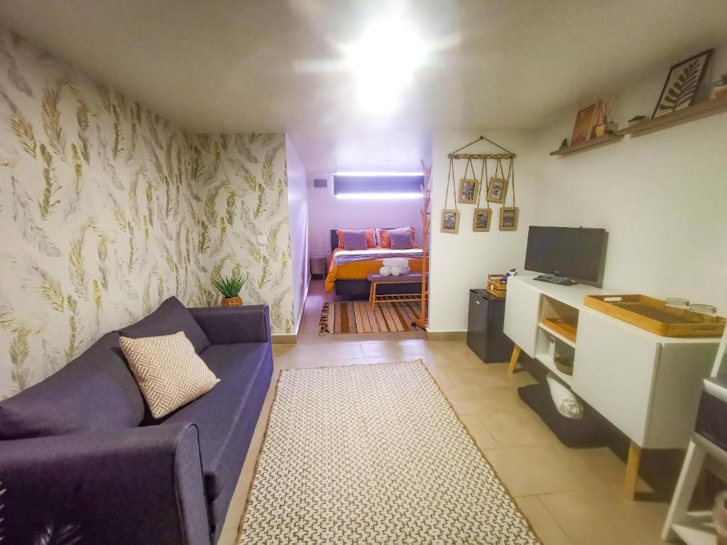 科英布拉Cantinho da Susana的一间带紫色沙发的客厅和一间卧室