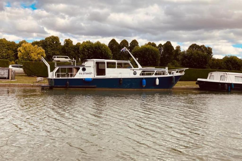 TanlayL'Amazone - bateau à quai sur le canal de bourgogne的停泊在水面上的蓝色和白色的船