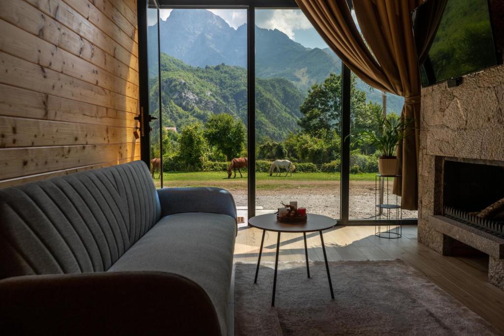 泰斯Villa Ujëvara e vogël的带沙发和壁炉的客厅
