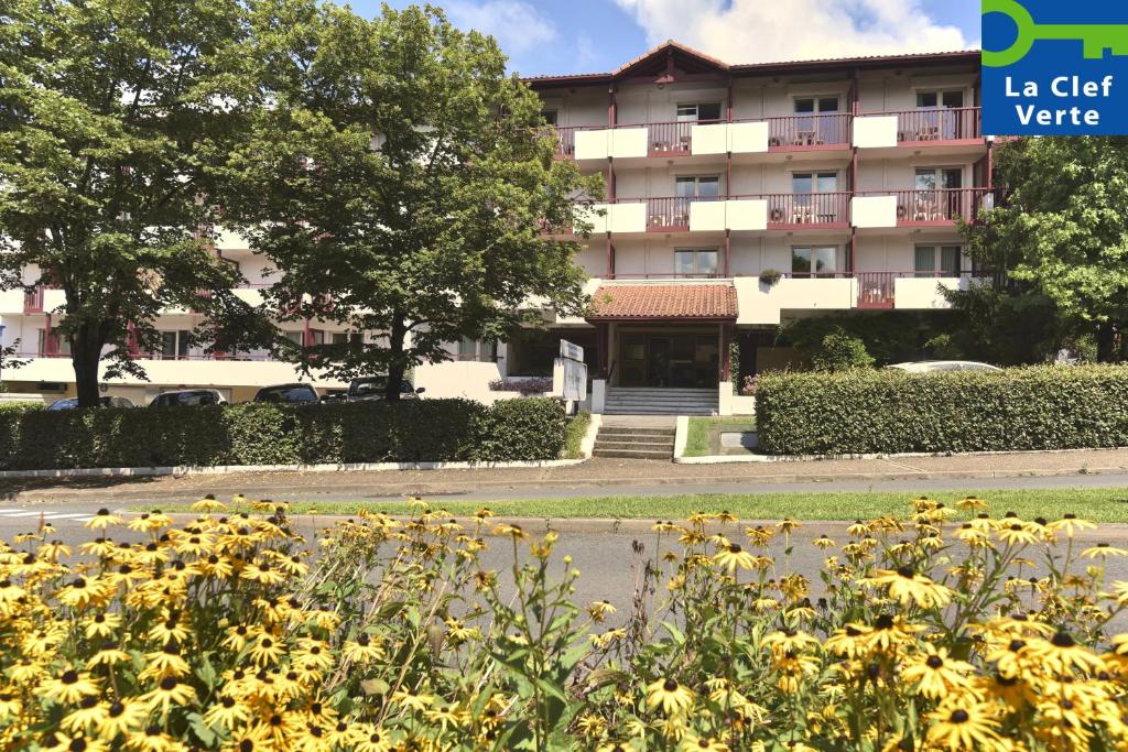 圣让-德吕兹艾古斯科皮埃尔＆假期公寓的前面有许多黄色花的建筑
