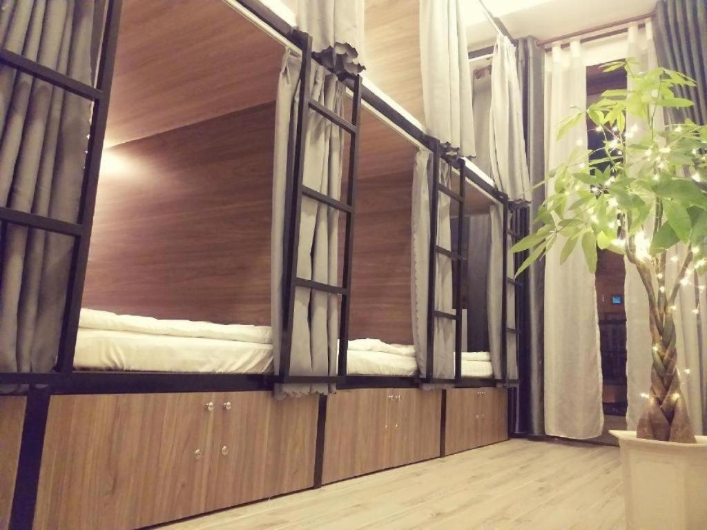 芹苴Adora Dorm Bed with Balcony in the Center的一间设有两扇窗户的房间和盆栽