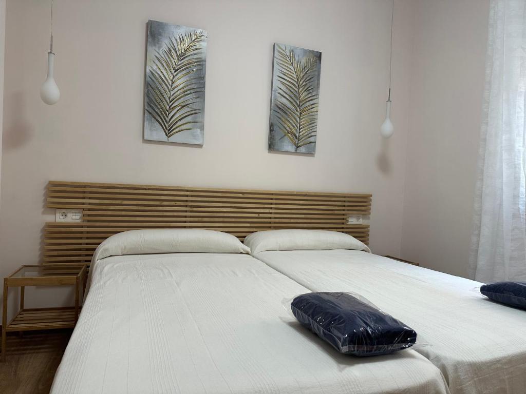 萨拉戈萨Dos Torres Tenor Gayarre - Encanto con Balcón Interior的卧室内的两张床,床上配有枕头