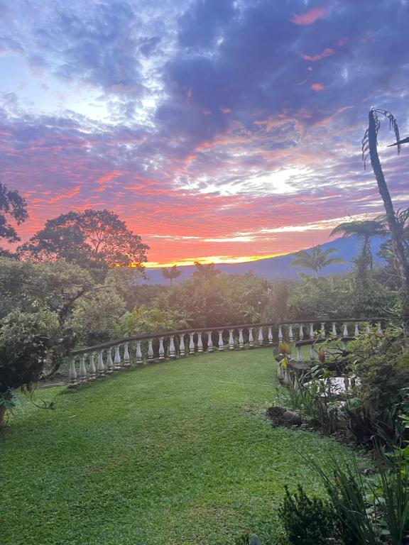 San GerardoBotanica Gardens and Eco Lodge的草地上落下的夕阳,带栅栏