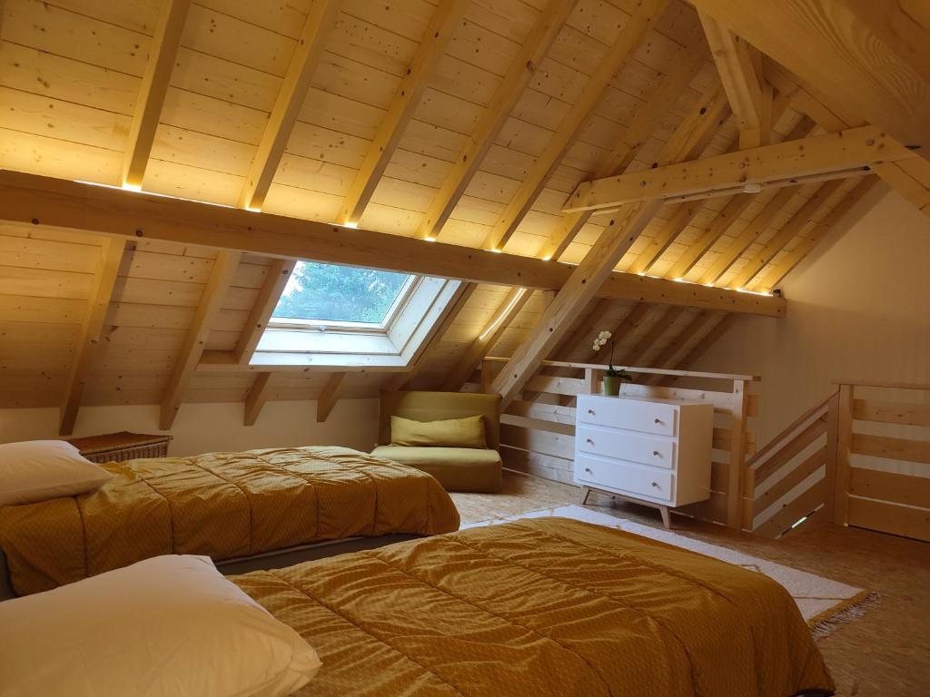 SigolsheimAlsace Chalet & Spa Meyer-Krumb的阁楼间 - 带两张床和窗户