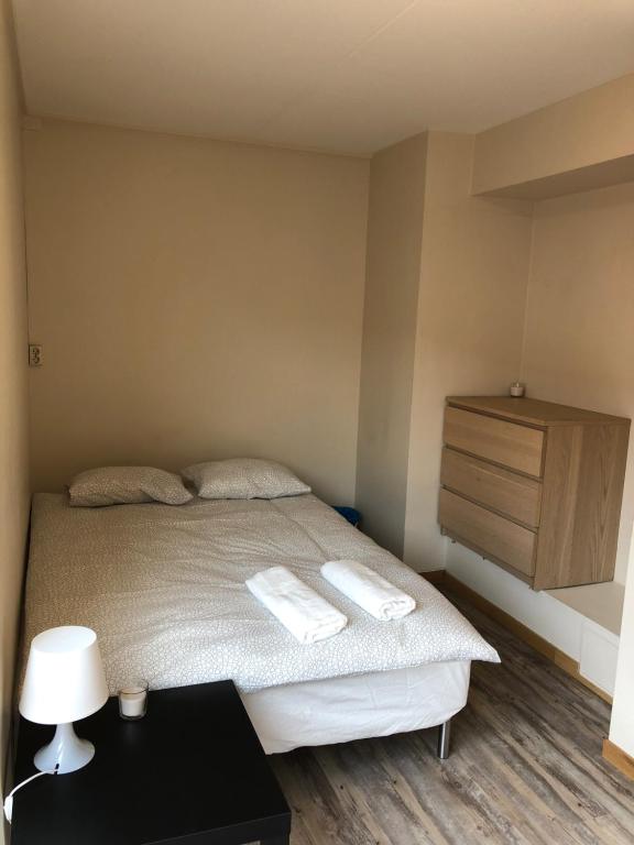 奥斯陆Guesthouse - Oslo Centrum的一间卧室配有一张床,上面有两条毛巾