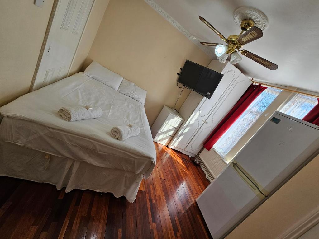 埃德蒙顿Silver rooms的一间带一张床和吊扇的小卧室
