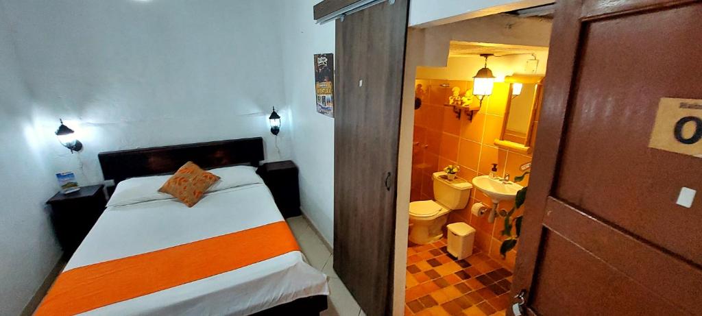 圣希尔SANTANDER ALEMAN HOSTEL的小房间设有一张床和一间浴室