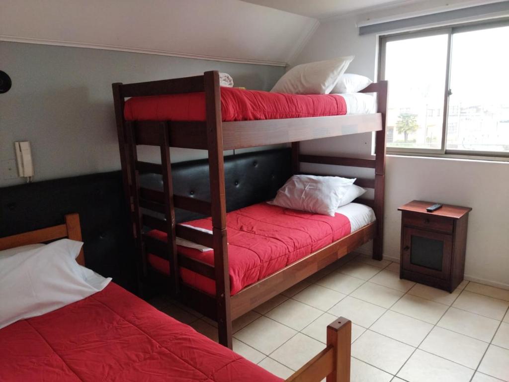 塔尔卡瓦诺Hotel Mar Sur的一间卧室设有两张双层床和一扇窗户。