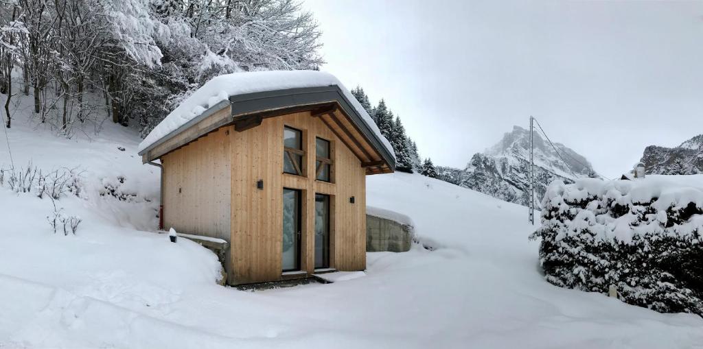 西克斯特Chalet*** au pied d'une prairie face à la montagne的雪中的小小屋,有雪覆盖的树木