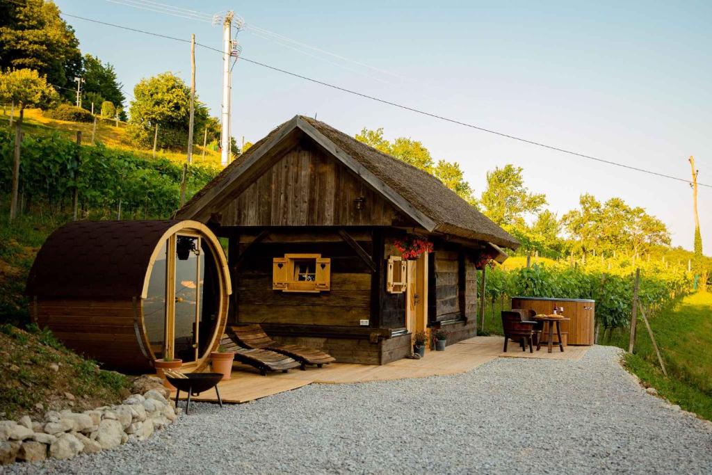 奥托亚克Holiday home in Otocec - Kranjska Krain 45722的小屋设有茅草屋顶和天井。