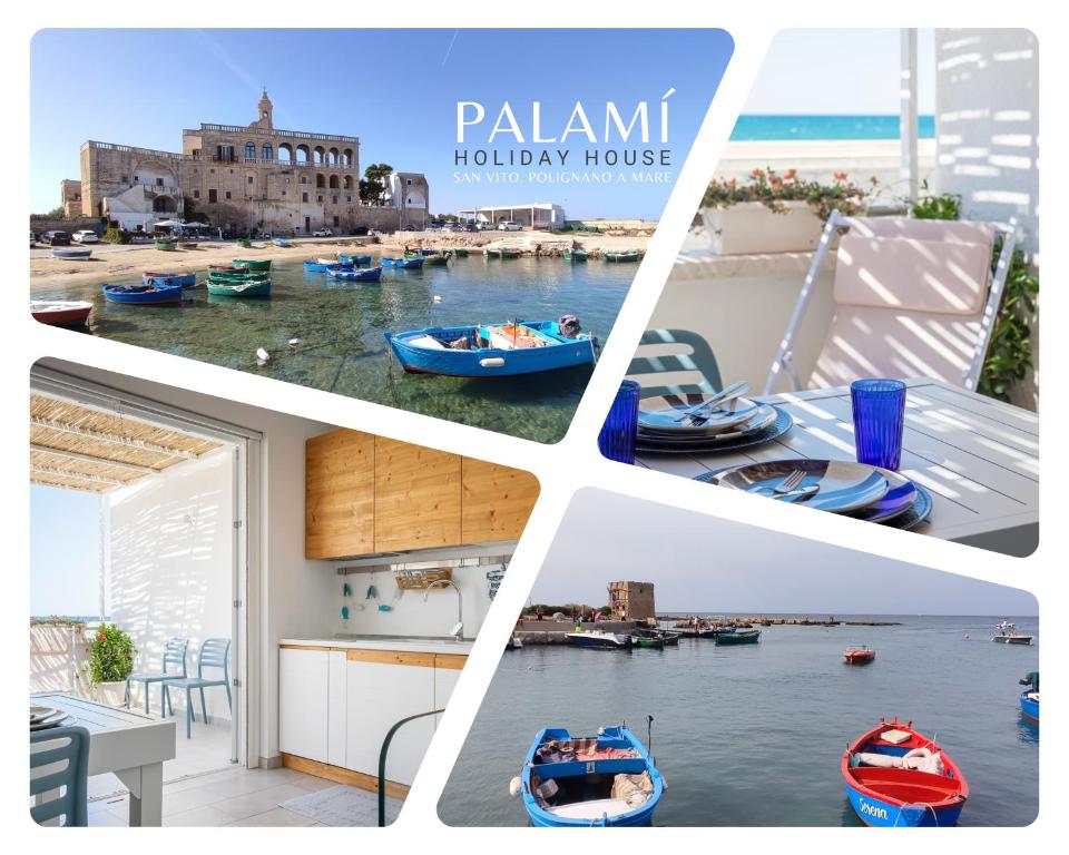 滨海波利尼亚诺Palamì - Polignano a Mare Holiday House的水面上船屋照片的拼合