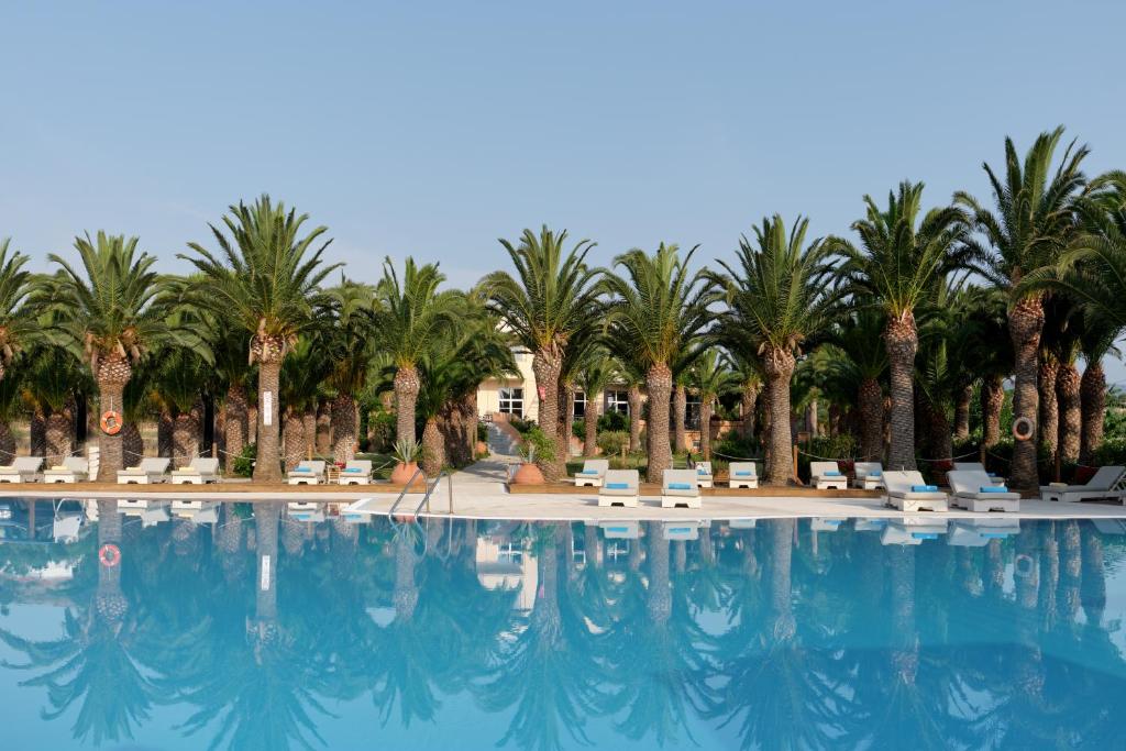 米西姆纳阿芙罗狄蒂酒店的一个带棕榈树和躺椅的游泳池