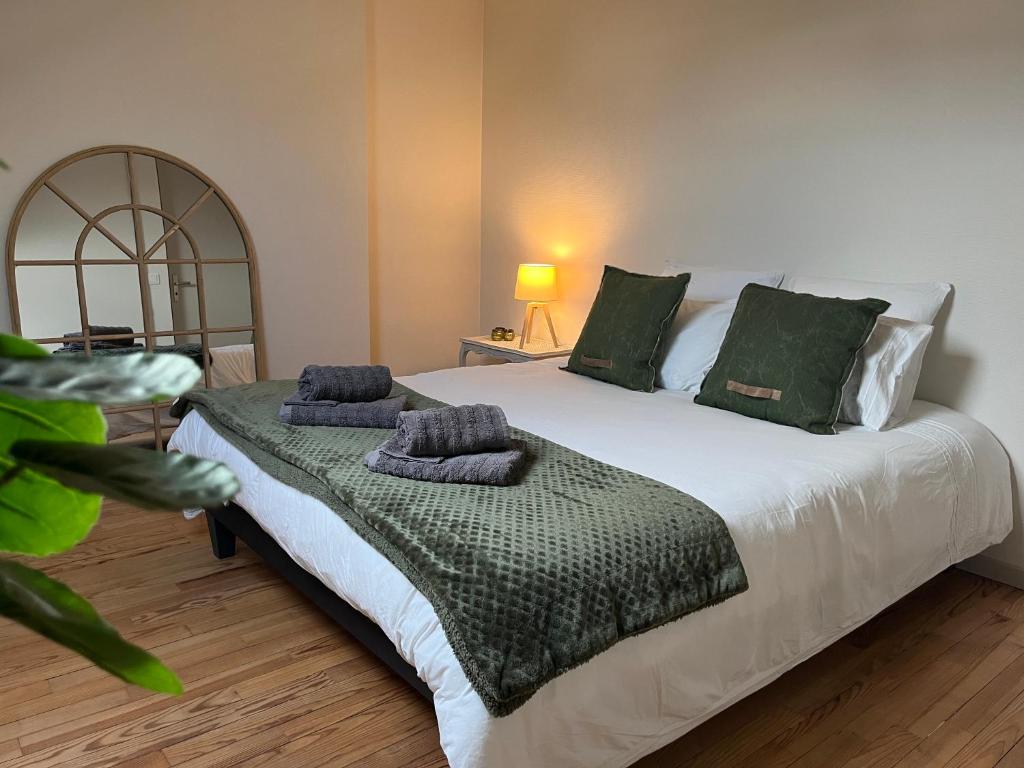 凯恩Le 6 appartement Caen Port & Abbaye-aux-Dames的一间卧室配有一张带绿色枕头的大床