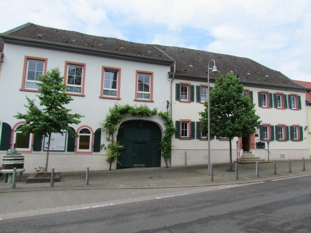 Schwabenheim施塔特美因茨酒店的街道上一扇带绿门的白色建筑