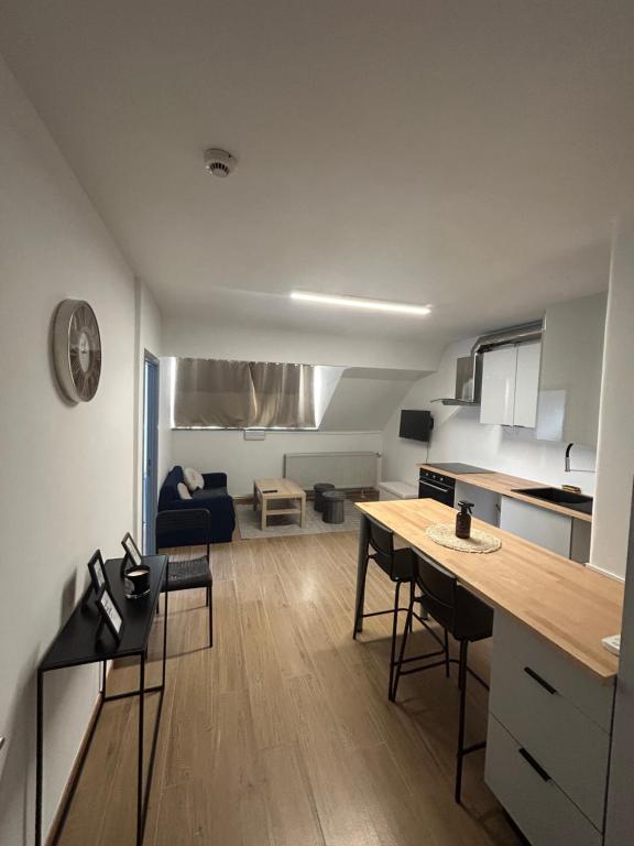 布鲁塞尔Elegance & Comfort Brand New Apartment near to Atomium的厨房以及带桌椅的起居室。