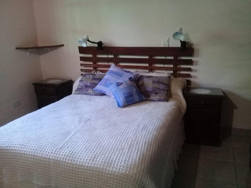 ReyesLa rana alquiler temporal的卧室配有带蓝色枕头的大型白色床