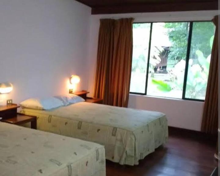 普卡尔帕Lodge del Abuelo - Divina Montaña的酒店客房设有两张床和大窗户。