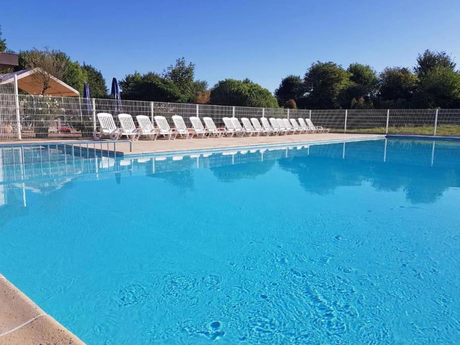 德哈恩Appartement met prachtig polderzicht的一个带椅子和蓝色水的大型游泳池