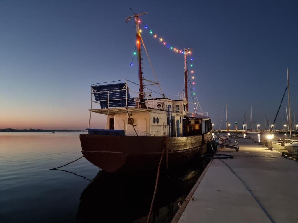 帕克Houseboat GDY-50, dom na wodzie z sauną i jacuzzi的船在夜间停靠在水中