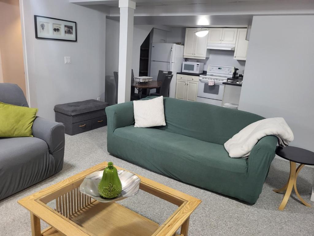 萨斯卡通Private basement apartment的客厅配有绿色沙发和桌子