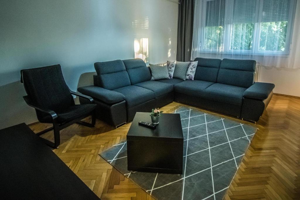 索尔沃什Főtér Apartman的客厅配有蓝色的沙发和椅子