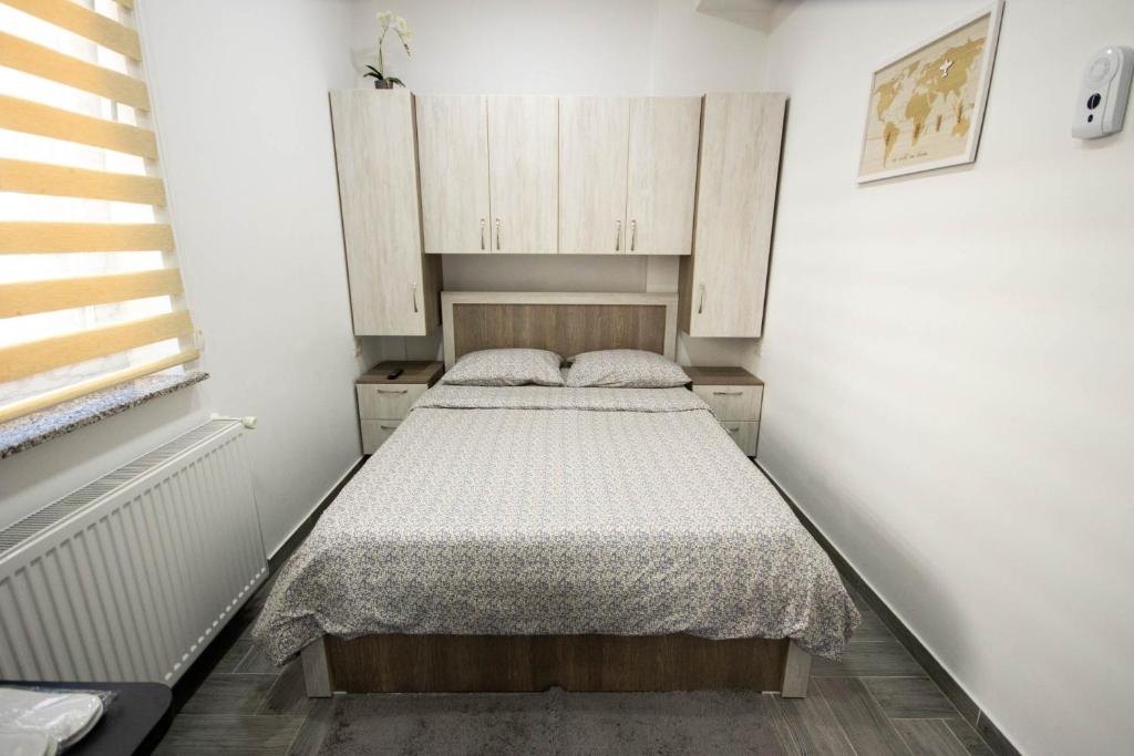勒德乌齐AStar Apartments - SMALL的一间带一张床和木制橱柜的小卧室