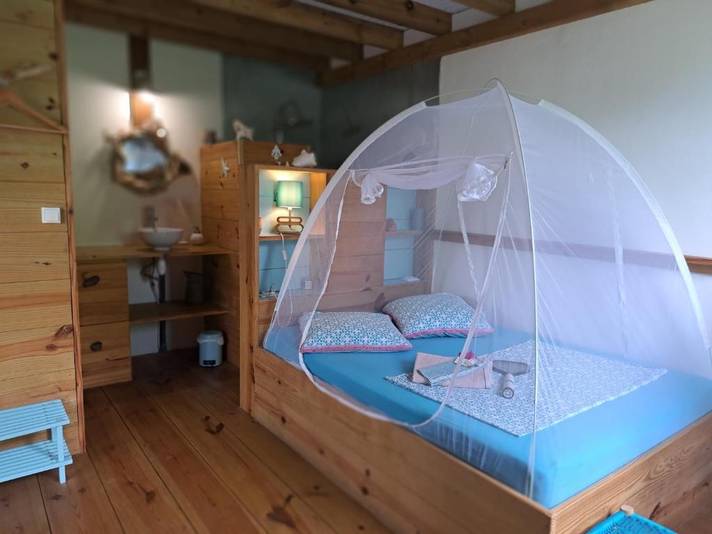 大博格P'tites chambres dans la campagne de Marie Galante的一间卧室配有一张带蚊帐的床