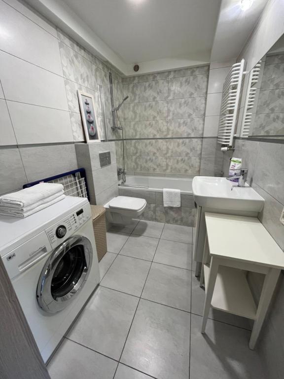 克罗托申Apartament COMFORT Centrum的一间带洗衣机和水槽的浴室