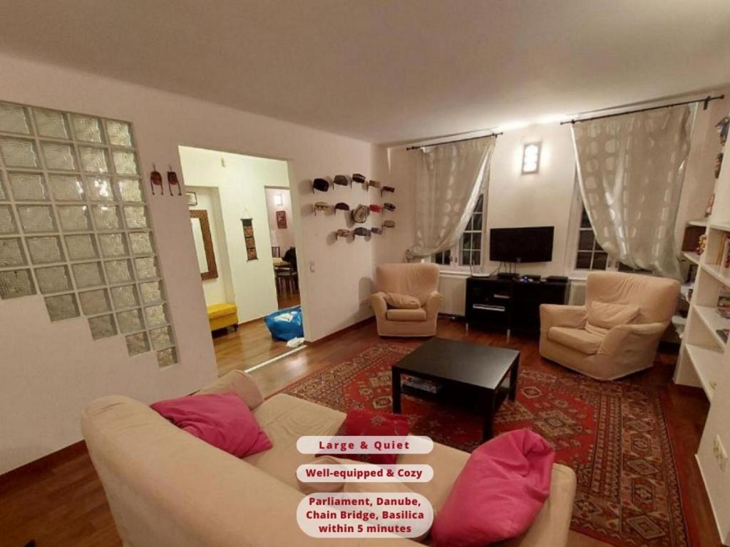 布达佩斯Queen Zita Apt 130 m2 near Chain Bridge的客厅配有沙发、椅子和桌子