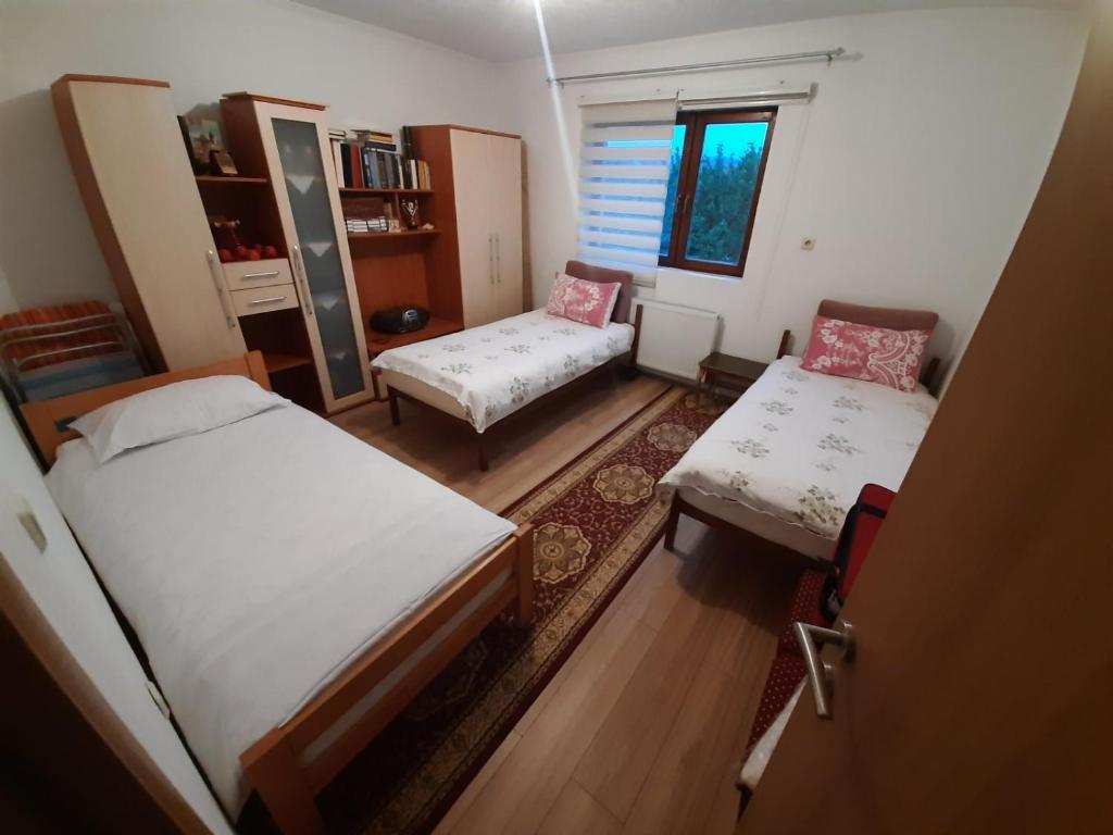 伊利扎APARTMAN ILIDZA- KUCA DVA SPRATA的一间小房间,配有两张床和一张沙发