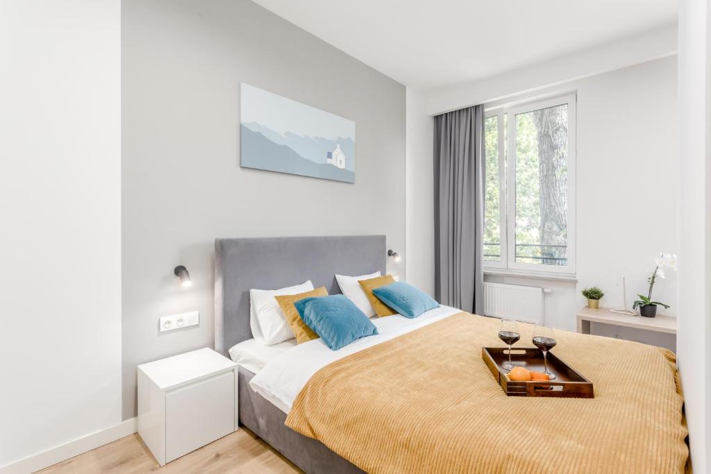 华沙Warsaw City Apartments EXPO的白色卧室配有一张带蓝色枕头的大床