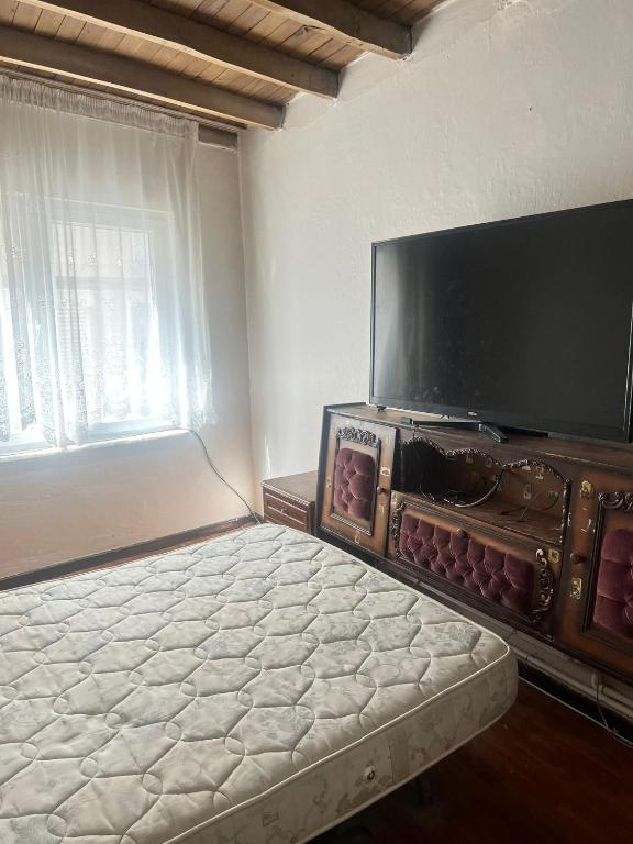 GemlikSpacious House by the Sea的客房设有一张带大屏幕平面电视的床。