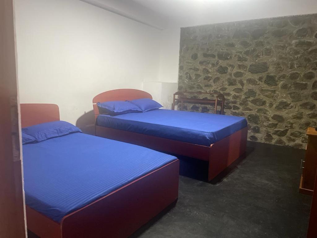 DemoderaArtomoro Ceylon motel的石墙客房的两张床