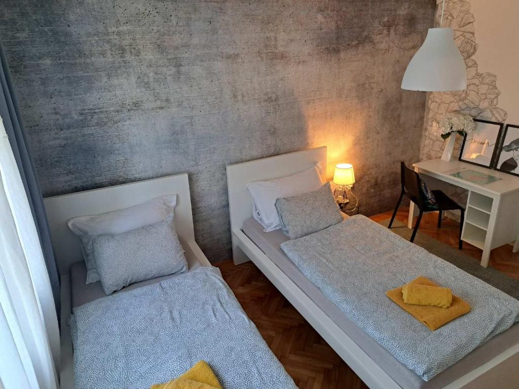 达鲁瓦尔Kuća za odmor Alea Rustica Daruvar的小房间设有两张床和一张书桌
