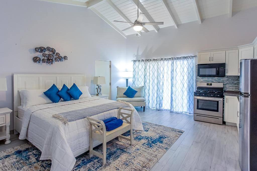 Dickenson BayAntigua Village- Villa Lilly 33B的一间卧室配有一张带蓝色枕头的大床