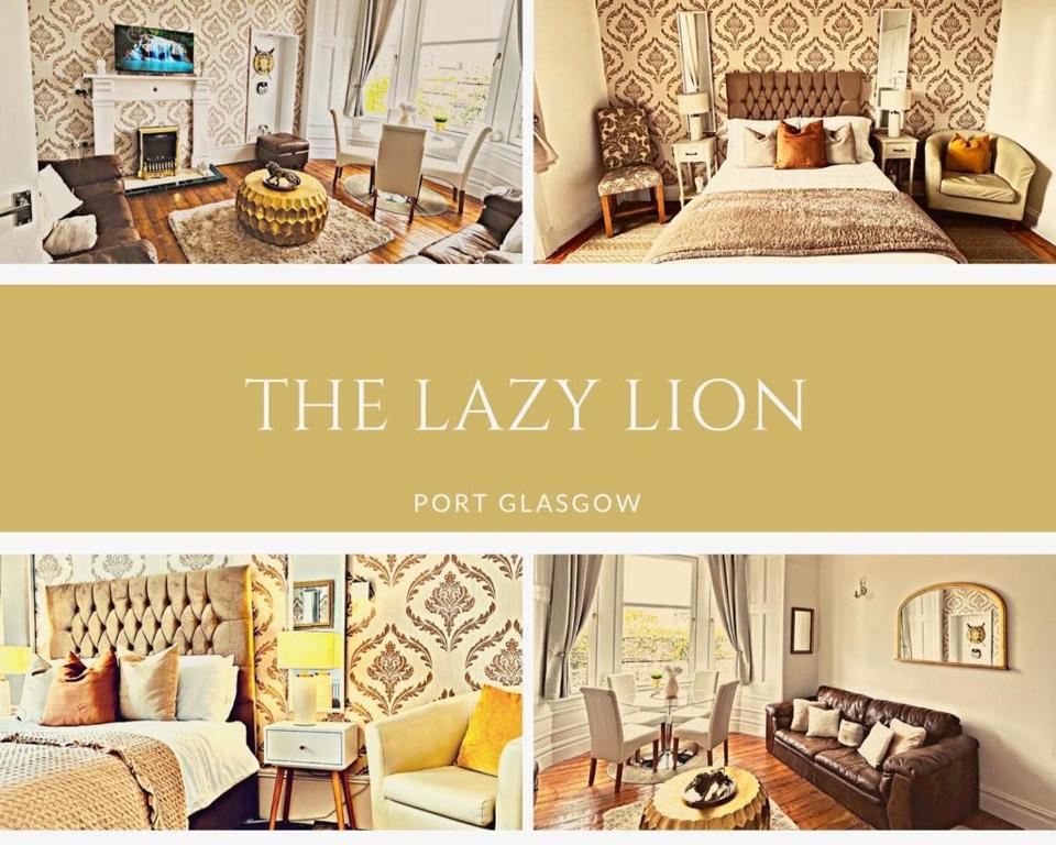 格拉斯哥港THE LAZY LION - Spacious 2 Bedroom - Town Centre Holiday Home Apartment的卧室和客厅的两张照片拼合在一起