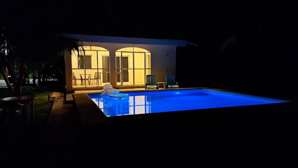 科苏梅尔Casita del Arco El Cedral Cozumel的夜间大型蓝色游泳池